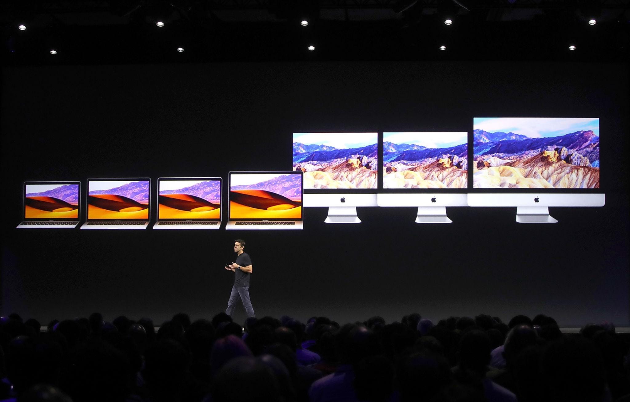 Apple keynote stage showcasing Mac and product lineup