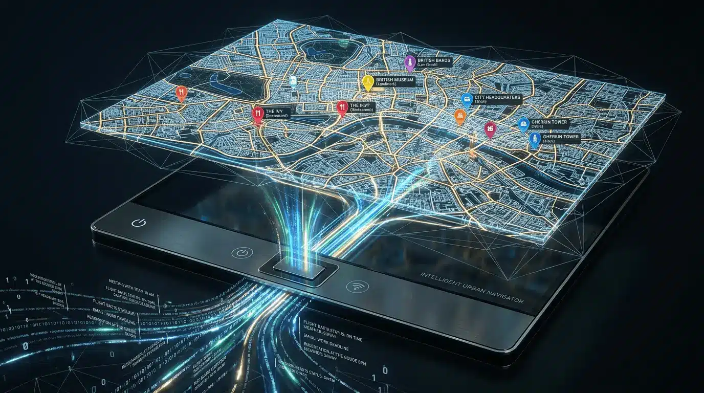glowing, stylized 3D map of a city floating above a sleek digital interface. Vibrant, colorful location pins are scattered across the map, while digital data streams flow into the bottom of the frame, representing calendar and location-based integration.
