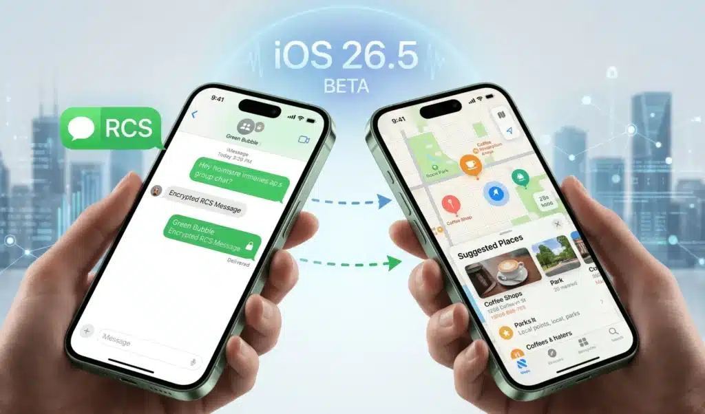 Apple Tests Encrypted RCS Apple iOS 26.5 beta showing new Apple Maps Suggested Places interface and restaurant discovery screen with encrypted RCS messaging feature updates.