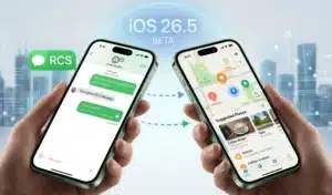 Apple iOS 26.5 beta showing new Apple Maps Suggested Places interface and restaurant discovery screen with encrypted RCS messaging feature updates.