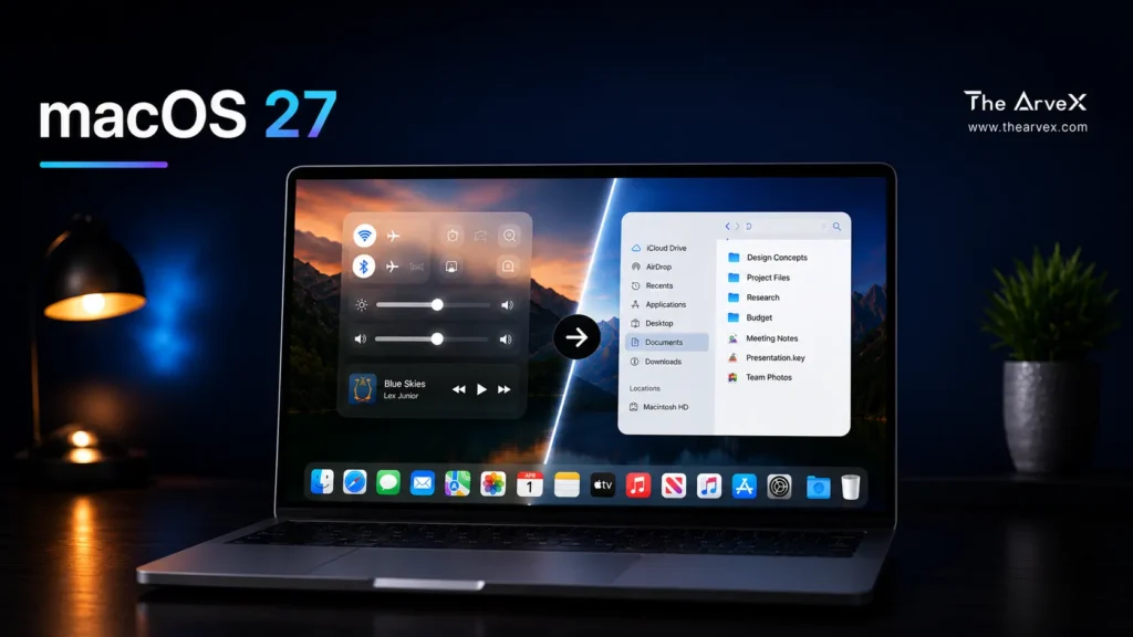 Apple’s macOS 27 Could Transform the Mac Experience With a Major Redesign A realistic MacBook featured image displaying macOS 27 interface with redesigned Liquid Glass visuals, highlighting cleaner UI, improved Finder layout, and refined transparency effects.
