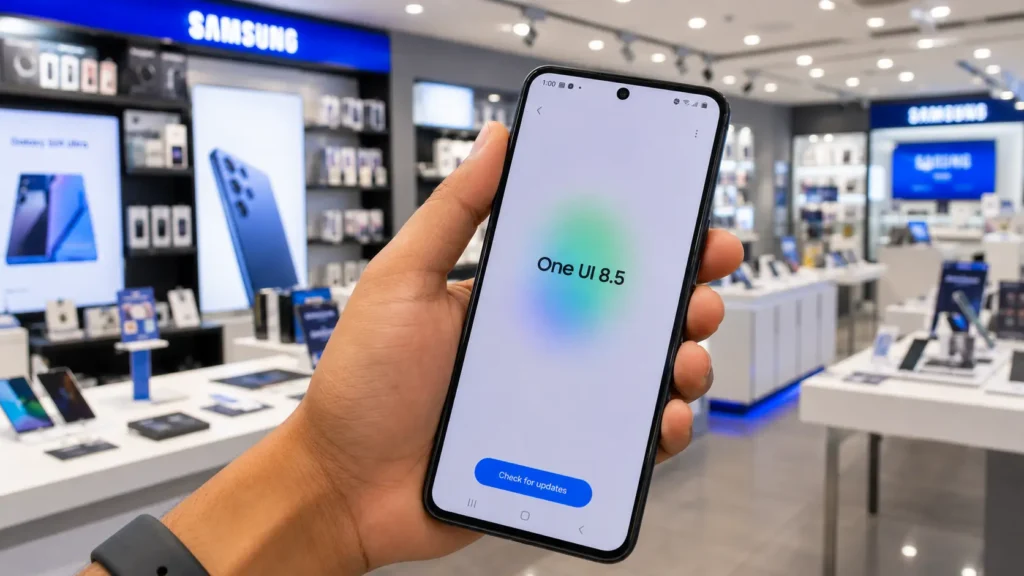 Samsung Is Hiding the Best Part of One UI 8.5 Most Galaxy Users Won’t Even Know It’s There Realistic hand holding a Samsung smartphone showing One UI 8.5 update screen inside a modern tech showroom