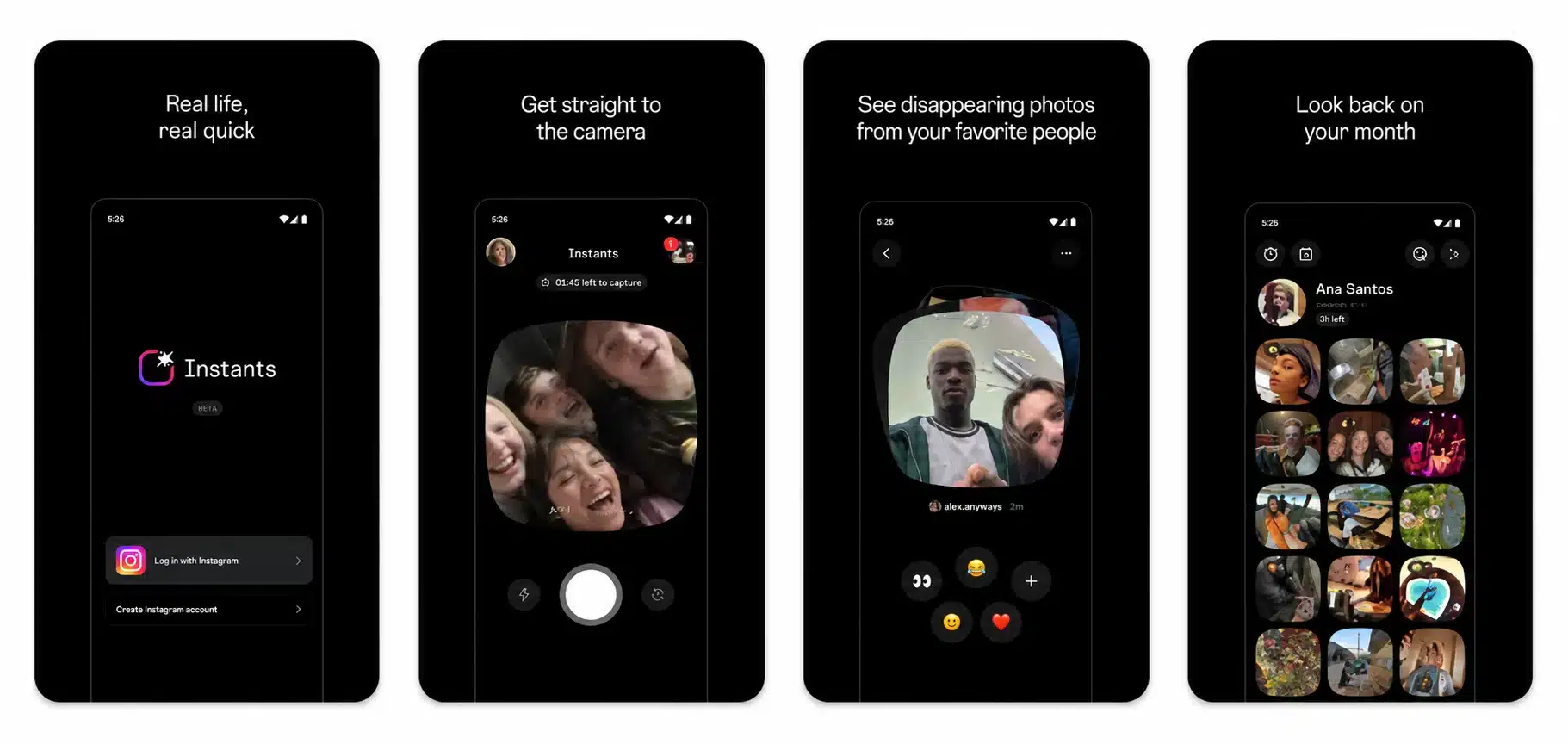 Instagram Instants app screenshots showing private photo-sharing interface and disappearing content features