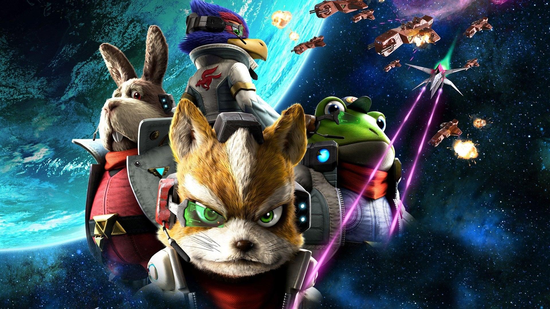 Star Fox team lineup with space battle background