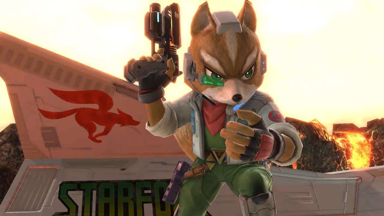 Fox McCloud holding blaster weapon in Star Fox scene