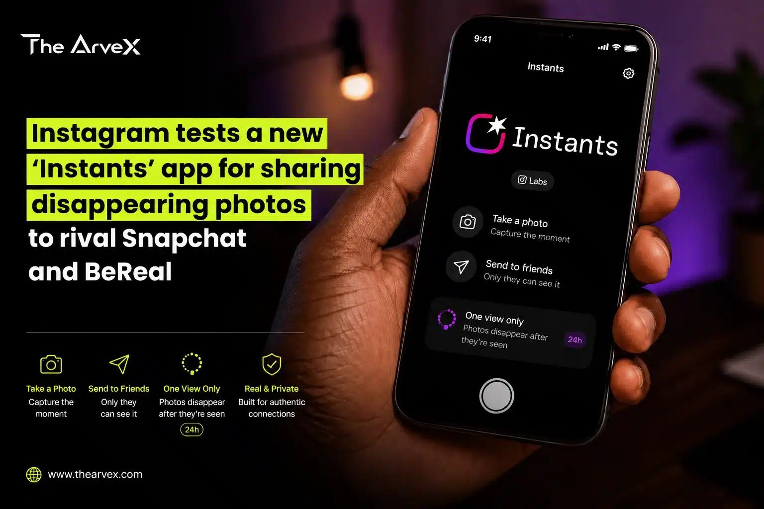 Meta Instagram Instants app promo image showing smartphone interface and disappearing photo messaging features