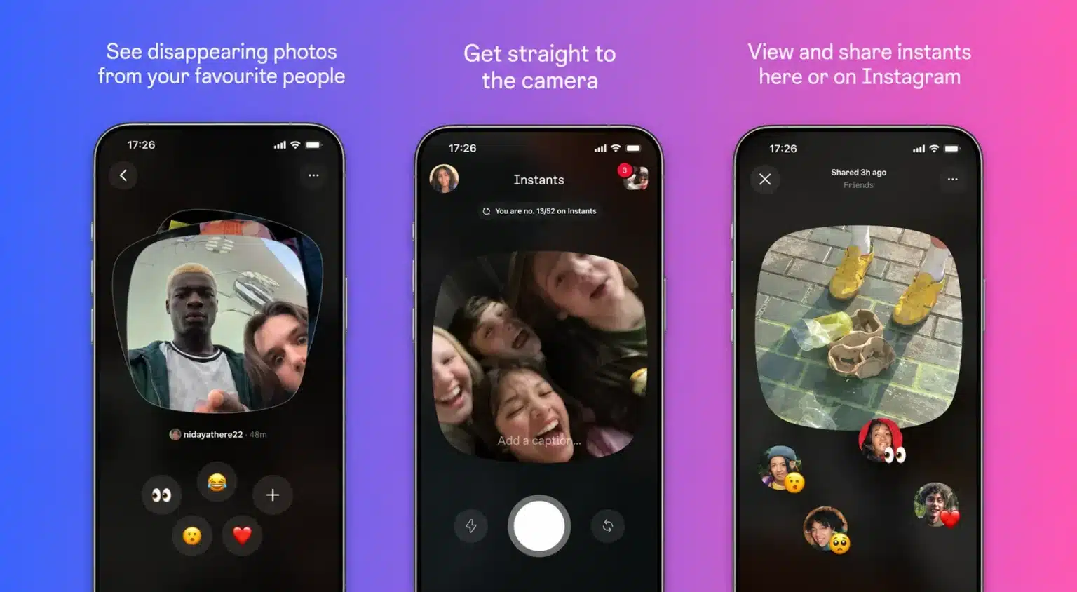Instagram Instants app onboarding screens showing camera-first interface and photo sharing features