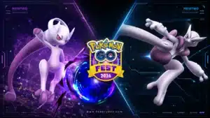 Pokémon GO Fest 2026 promotional poster featuring two Mewtwo characters in dynamic battle poses with glowing psychic energy effects and futuristic neon background.