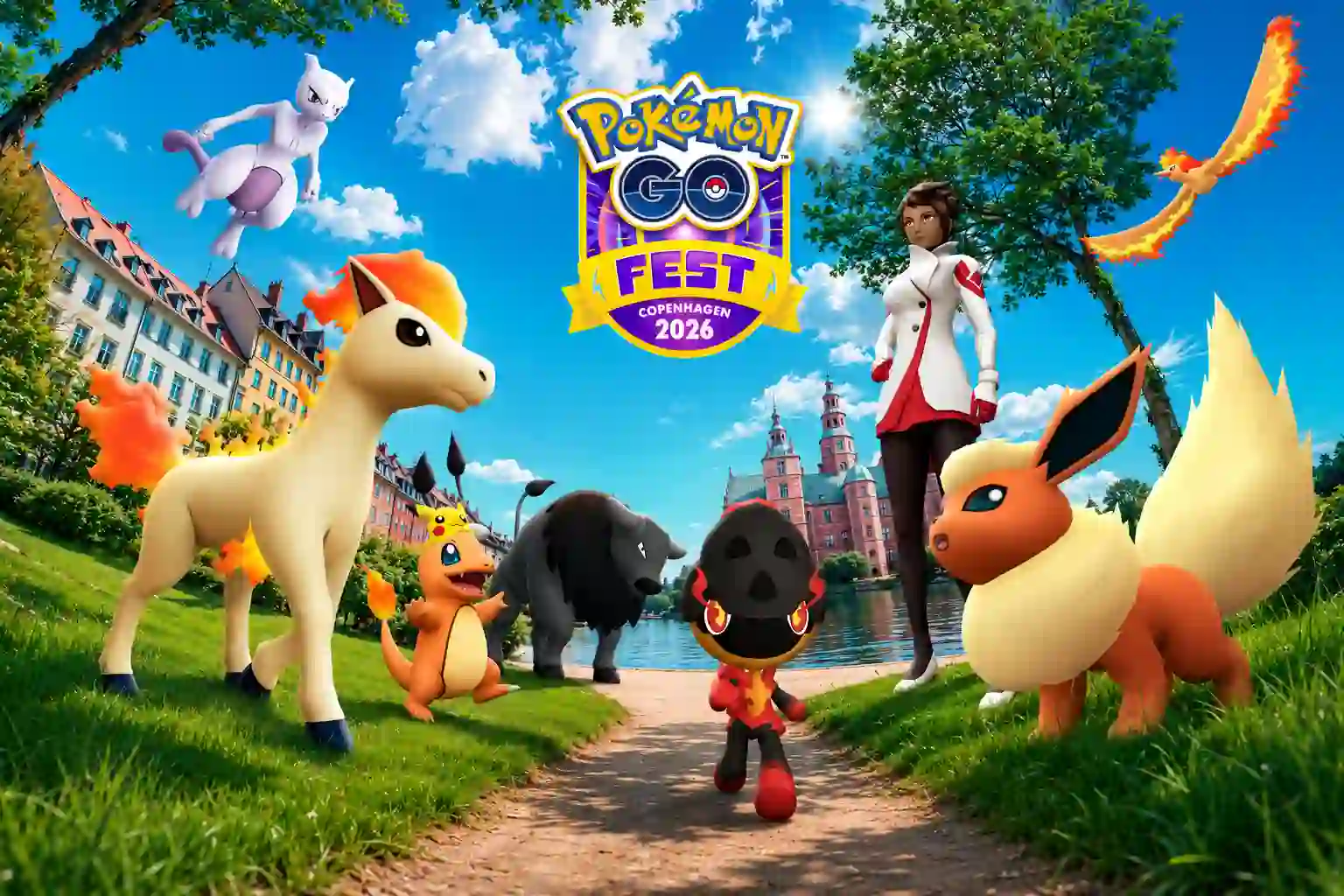 Pokémon GO Fest 2026 promotional artwork featuring multiple Pokémon characters in a bright outdoor Copenhagen park scene with the event logo centered.