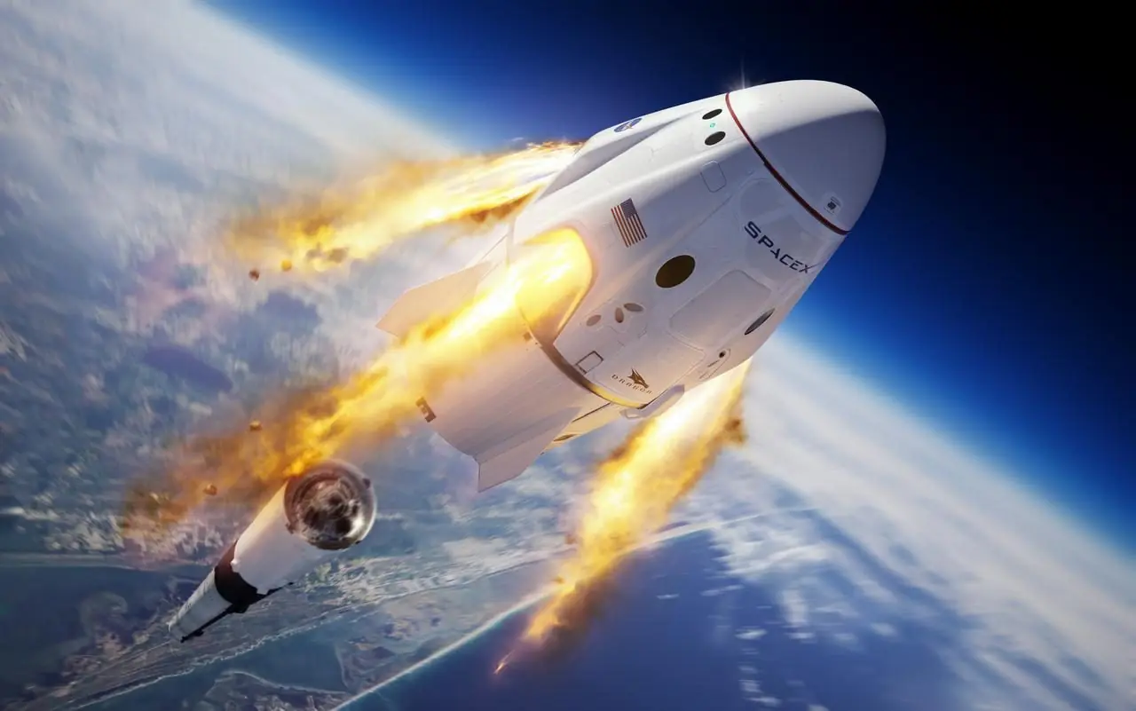 SpaceX Dragon spacecraft reentering Earth’s atmosphere with fiery plasma trail above Earth